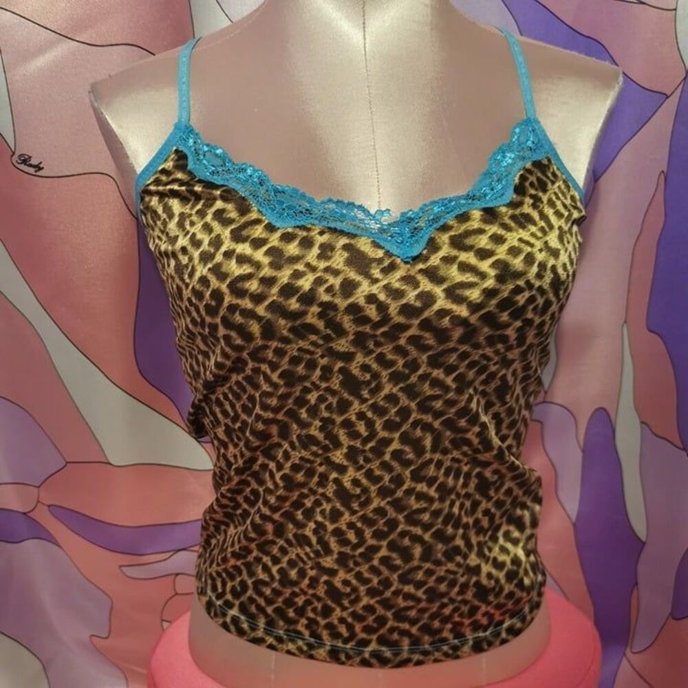 Blue Leopard Print Camisole Top Size Small Gyaru Lace Summer Kawaii Y2K Jfashion